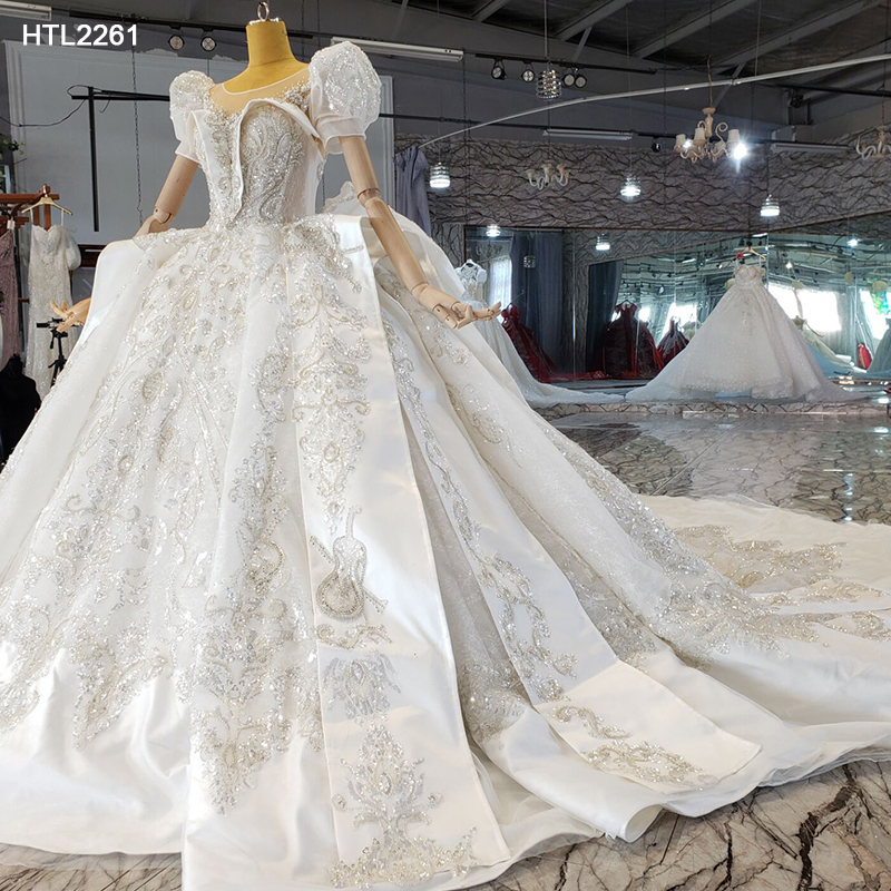 Luxury White Crystal Beads Sequins Puffy Sleeve Lace Wedding Dress